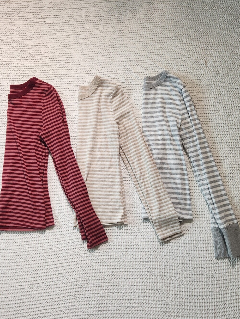 SO Striped Long-Sleeve Tees - Red, Cream & Gray